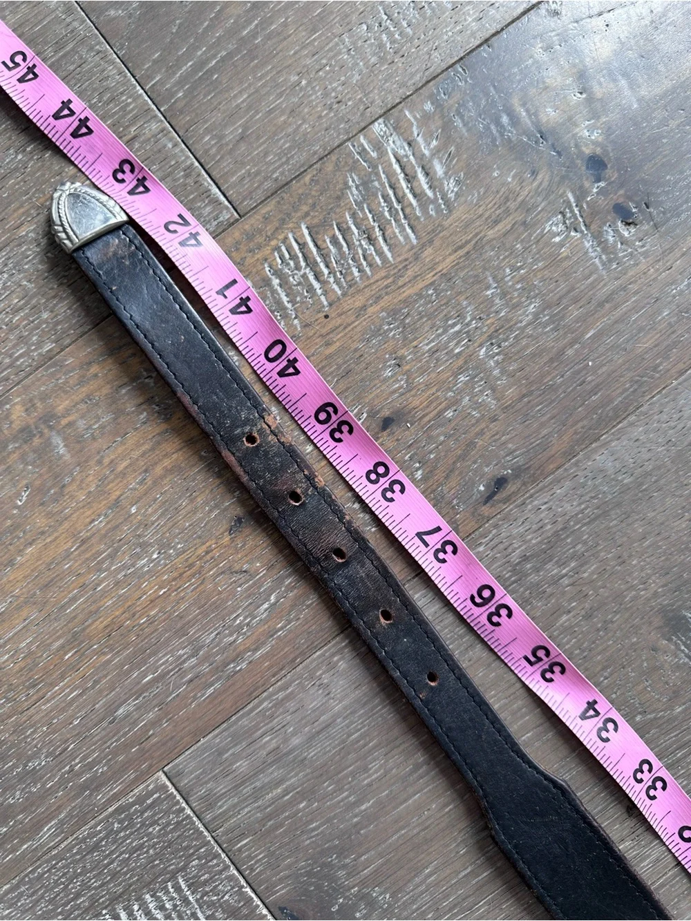 VTG Leather Belt Mens BLACK Silver Buckle Band Tip 36